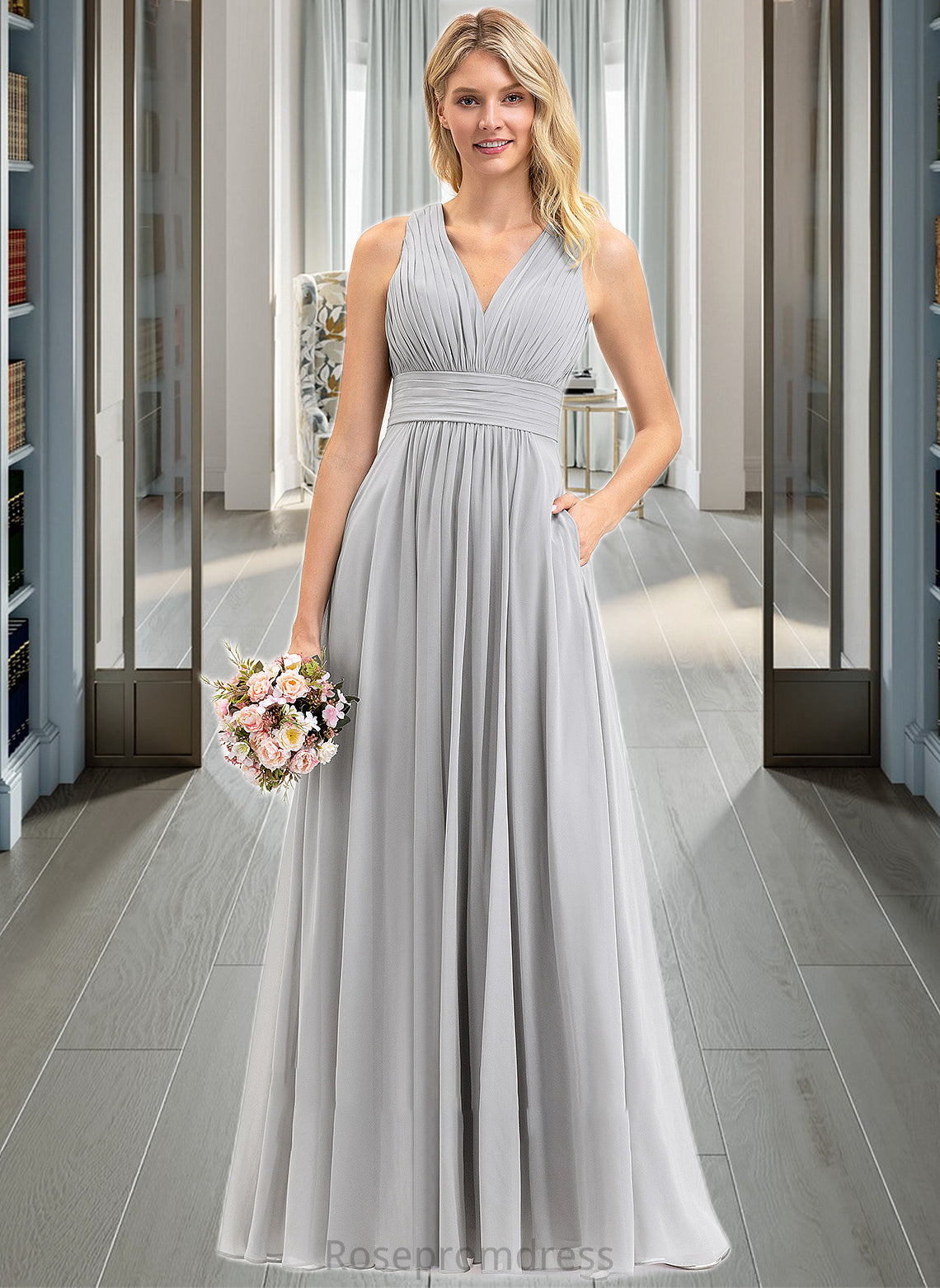 Kaydence A-Line V-neck Floor-Length Chiffon Bridesmaid Dress With Ruffle Bow(s) Pockets SRSP0012797