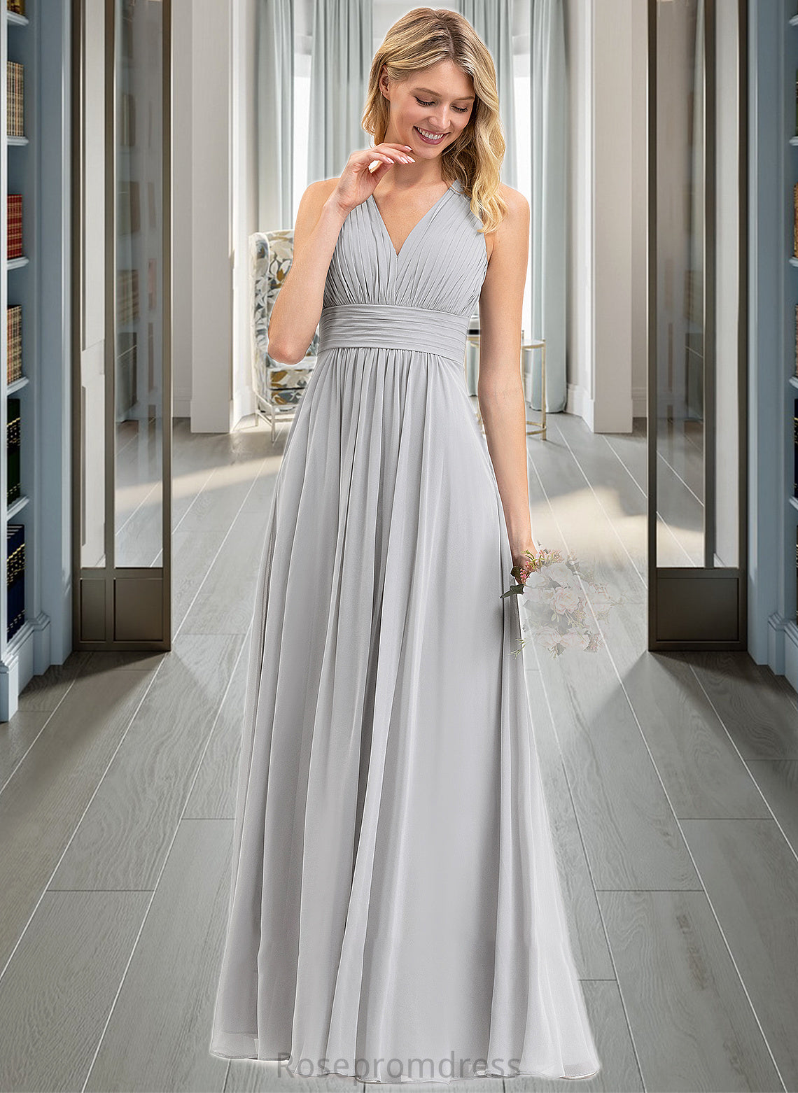 Kaydence A-Line V-neck Floor-Length Chiffon Bridesmaid Dress With Ruffle Bow(s) Pockets SRSP0012797