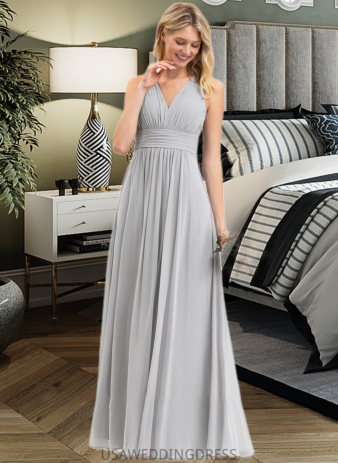 Alessandra A-Line V-neck Floor-Length Chiffon Bridesmaid Dress With Ruffle Bow(s) Pockets DSP0012797