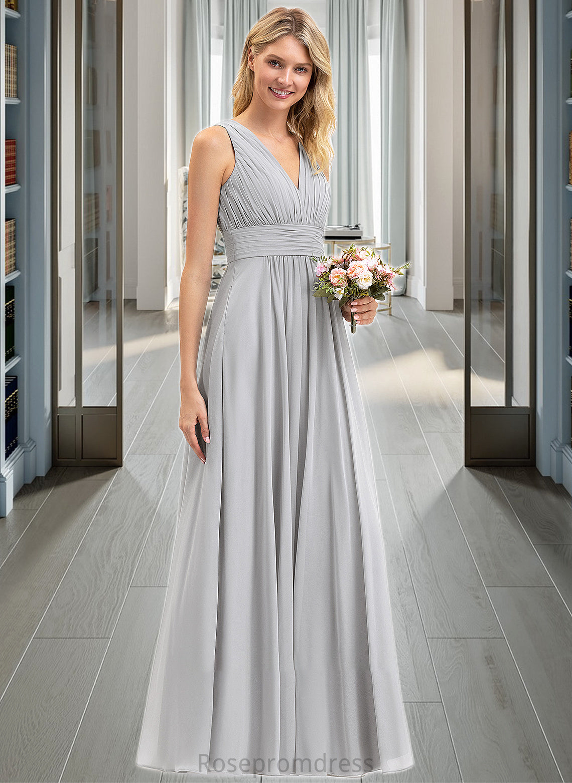 Kaydence A-Line V-neck Floor-Length Chiffon Bridesmaid Dress With Ruffle Bow(s) Pockets SRSP0012797