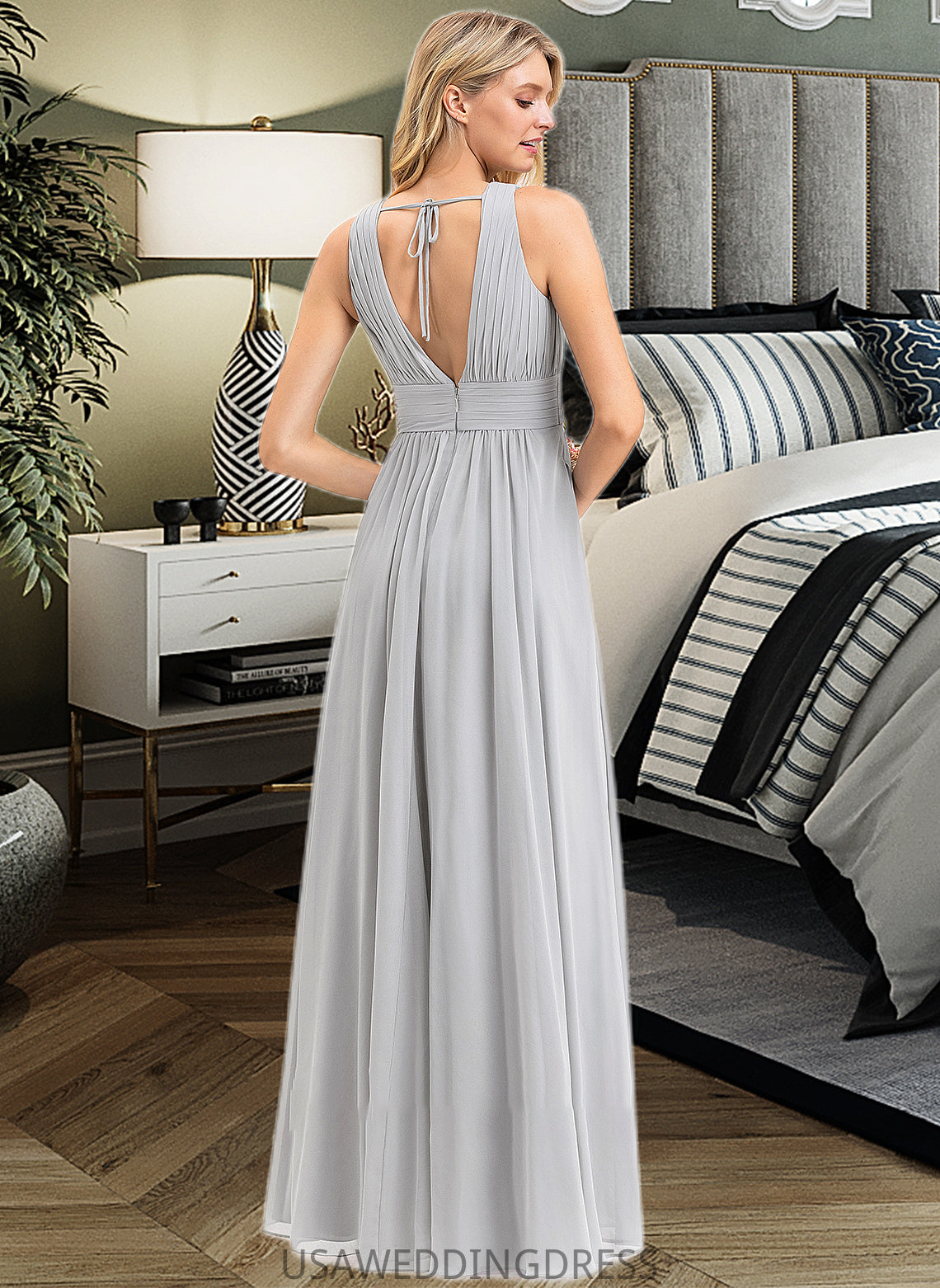Alessandra A-Line V-neck Floor-Length Chiffon Bridesmaid Dress With Ruffle Bow(s) Pockets DSP0012797