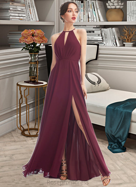 Hadley A-Line Halter Floor-Length Bridesmaid Dress With Split Front SRSP0012798