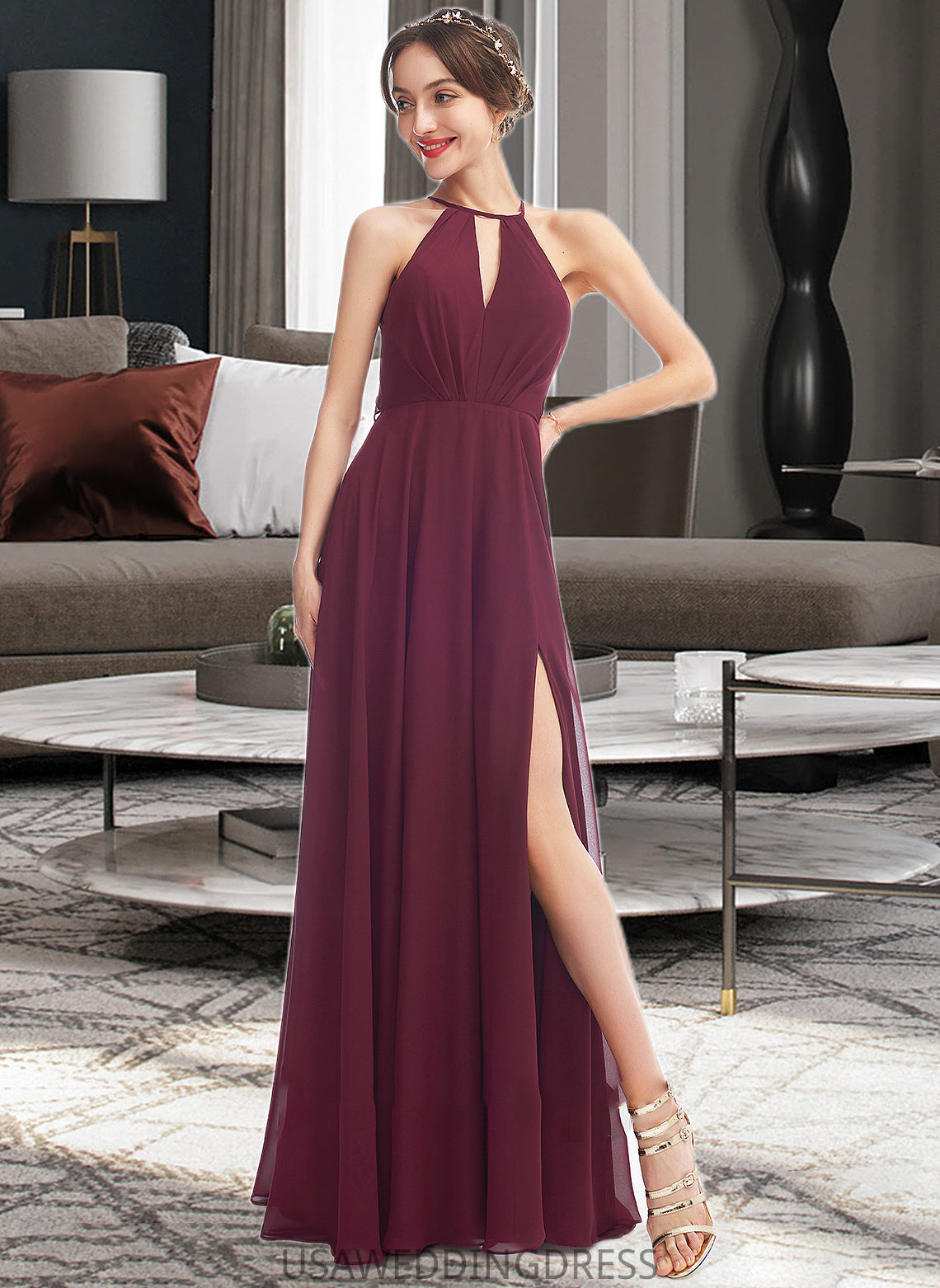Cierra A-Line Halter Floor-Length Bridesmaid Dress With Split Front DSP0012798