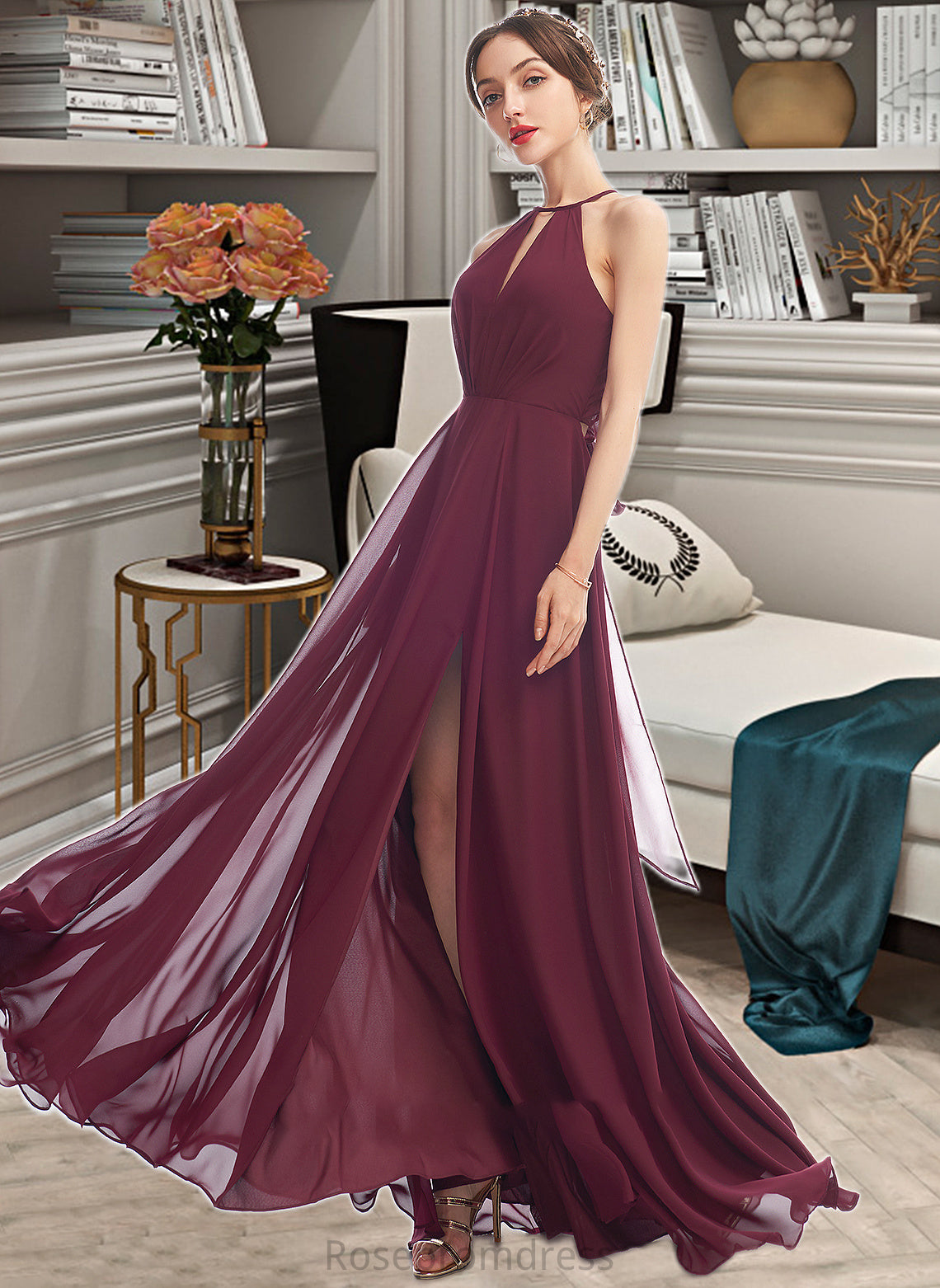 Hadley A-Line Halter Floor-Length Bridesmaid Dress With Split Front SRSP0012798