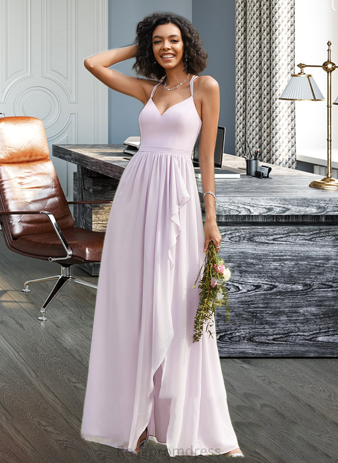 Ximena A-Line V-neck Asymmetrical Bridesmaid Dress With Ruffle Split Front SRSP0012799