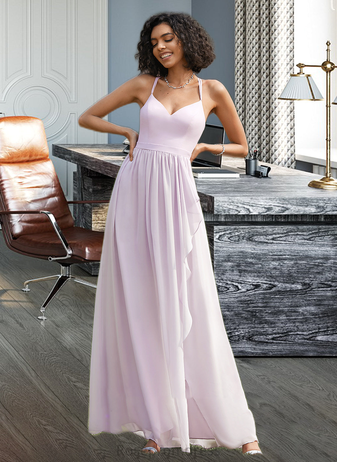 Ximena A-Line V-neck Asymmetrical Bridesmaid Dress With Ruffle Split Front SRSP0012799