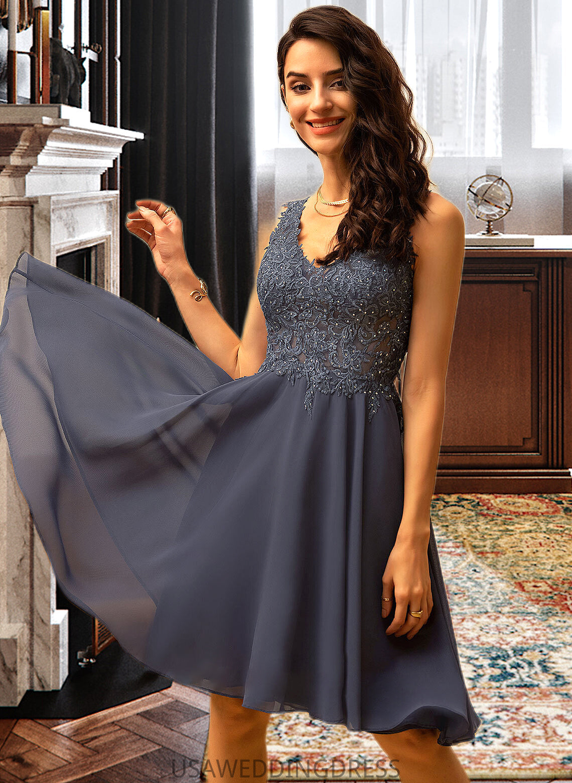 Neveah A-Line V-neck Knee-Length Chiffon Bridesmaid Dress With Beading DSP0012800
