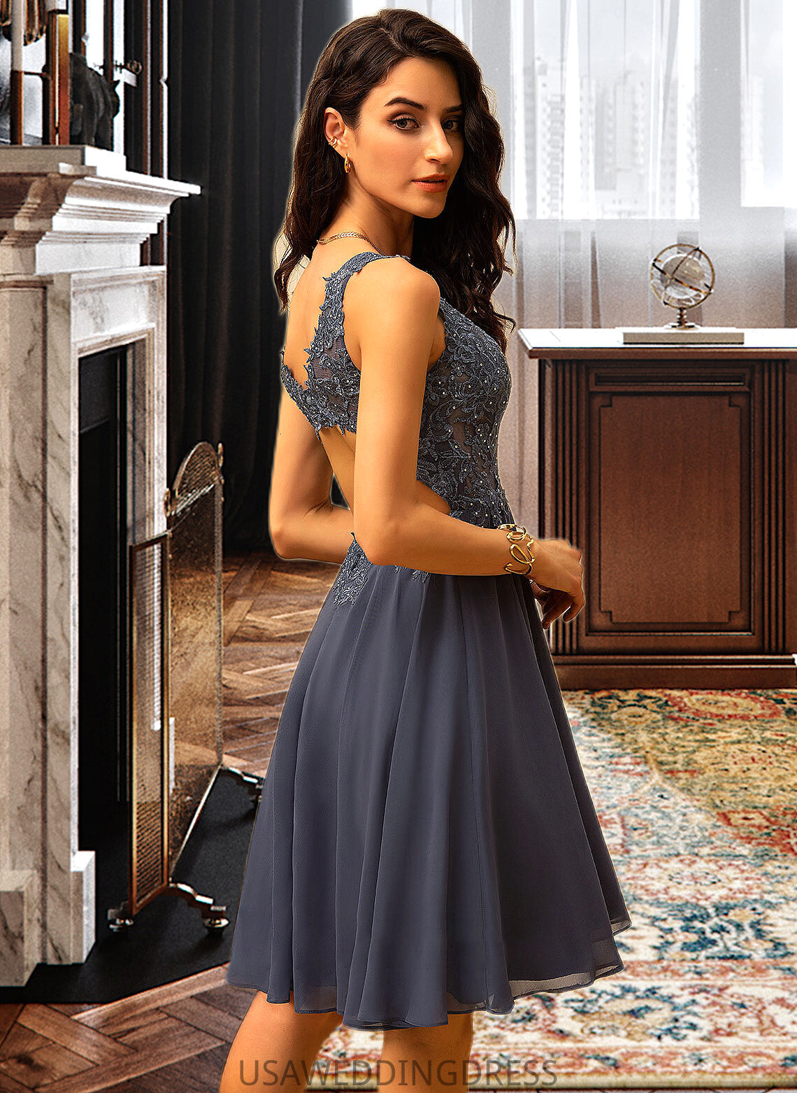 Neveah A-Line V-neck Knee-Length Chiffon Bridesmaid Dress With Beading DSP0012800