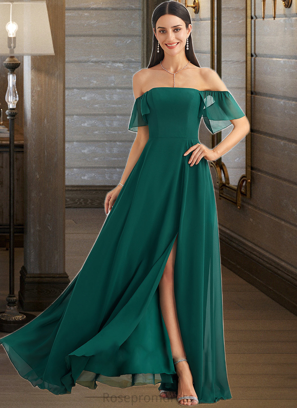 Camila A-Line Off-the-Shoulder Floor-Length Bridesmaid Dress With Split Front SRSP0012802