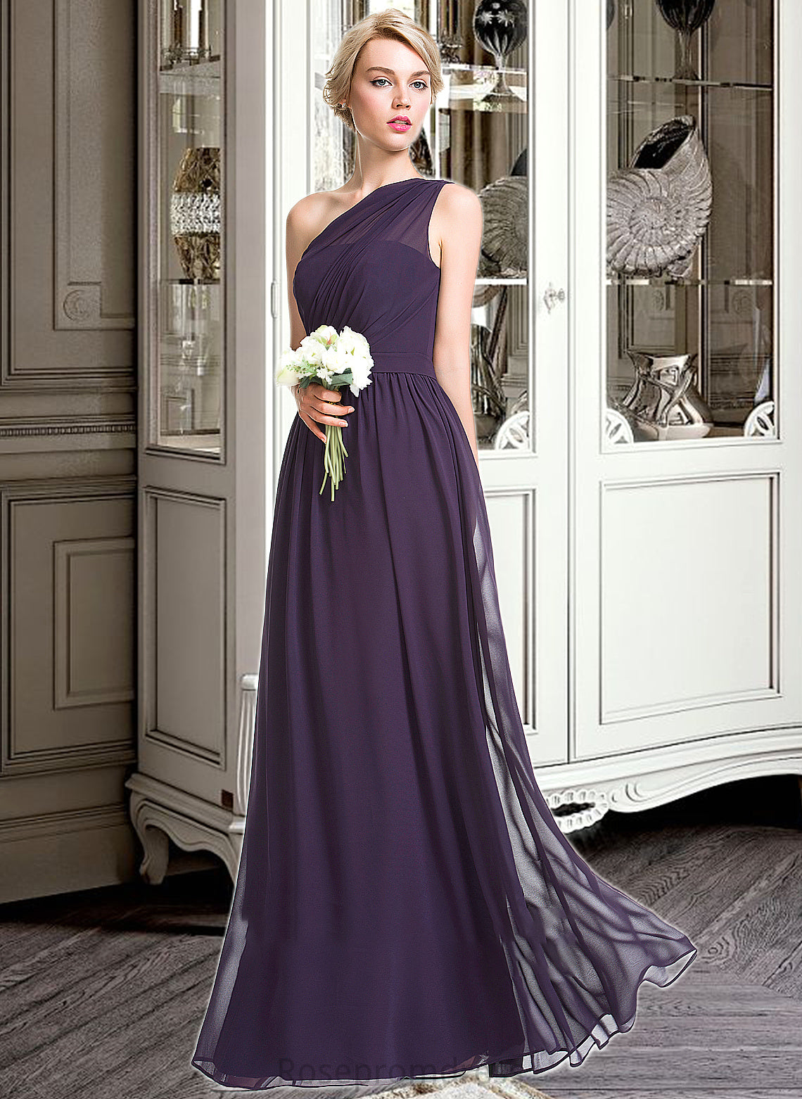 Lesly A-line One Shoulder Floor-Length Chiffon Bridesmaid Dress With Ruffle SRSP0012803