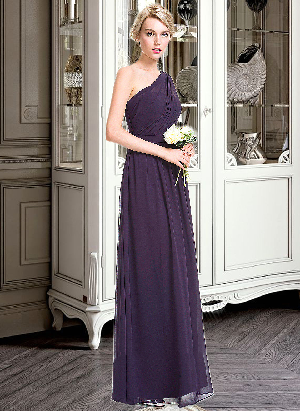 Lesly A-line One Shoulder Floor-Length Chiffon Bridesmaid Dress With Ruffle SRSP0012803