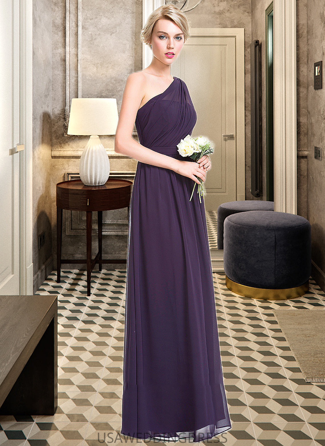 Paityn A-line One Shoulder Floor-Length Chiffon Bridesmaid Dress With Ruffle DSP0012803
