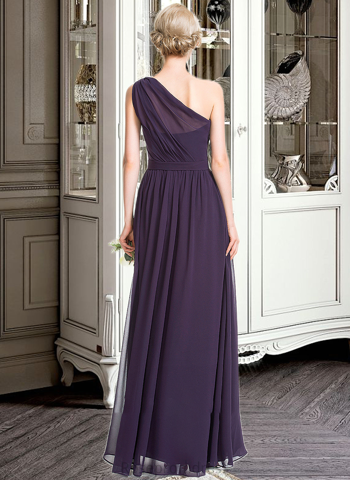 Lesly A-line One Shoulder Floor-Length Chiffon Bridesmaid Dress With Ruffle SRSP0012803
