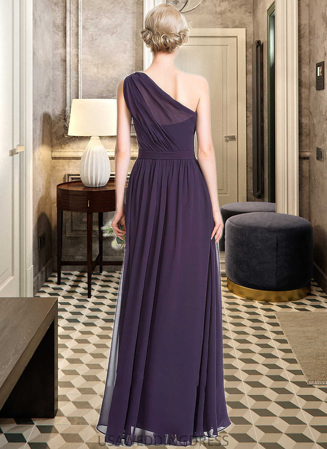 Paityn A-line One Shoulder Floor-Length Chiffon Bridesmaid Dress With Ruffle DSP0012803