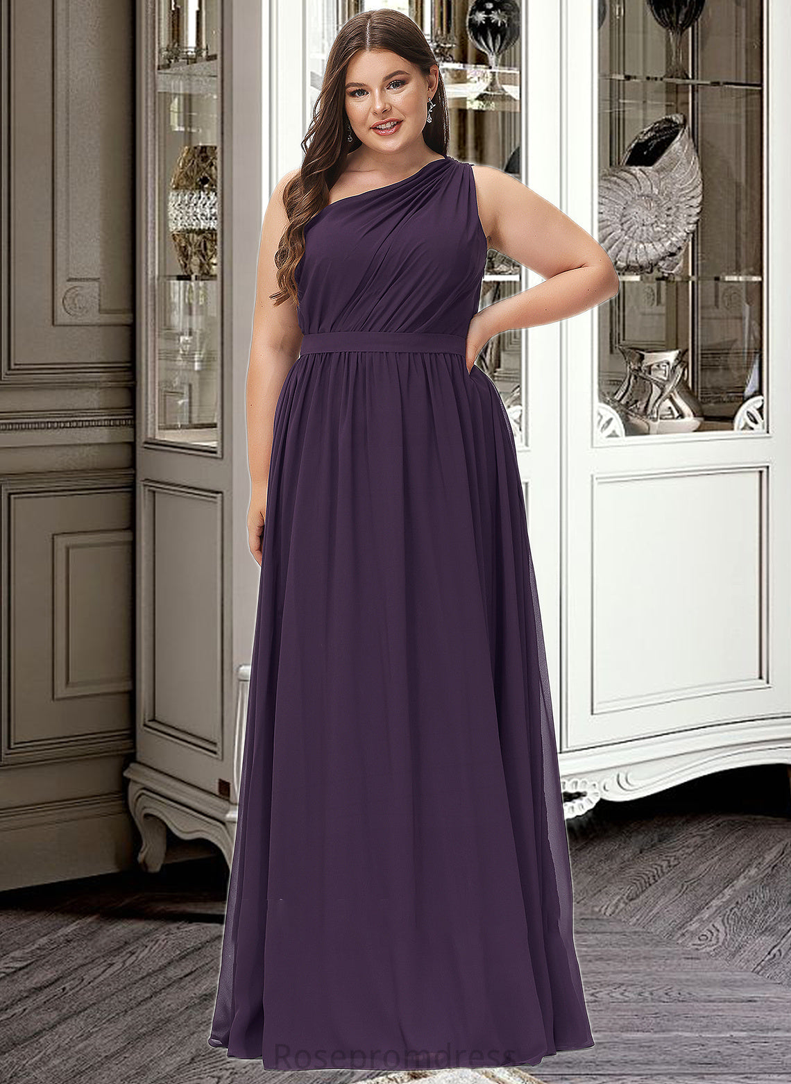 Lesly A-line One Shoulder Floor-Length Chiffon Bridesmaid Dress With Ruffle SRSP0012803