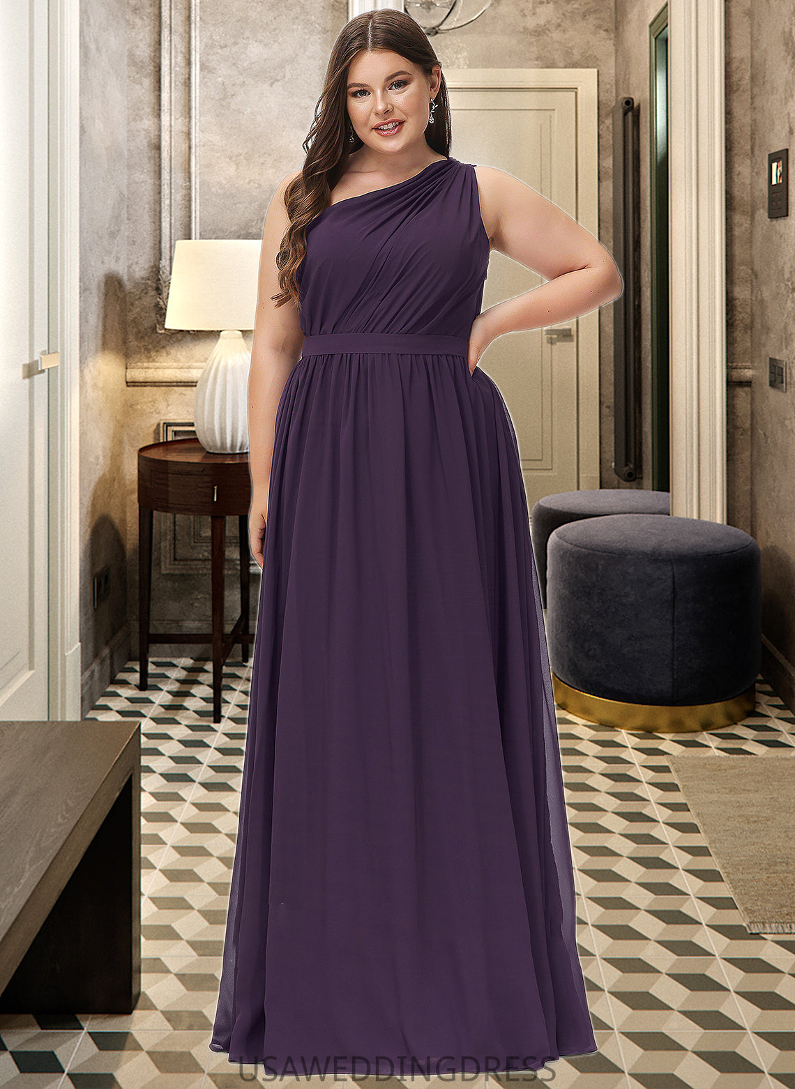 Paityn A-line One Shoulder Floor-Length Chiffon Bridesmaid Dress With Ruffle DSP0012803