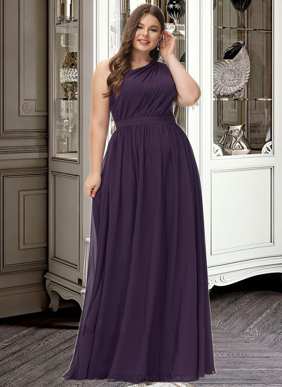 Lesly A-line One Shoulder Floor-Length Chiffon Bridesmaid Dress With Ruffle SRSP0012803