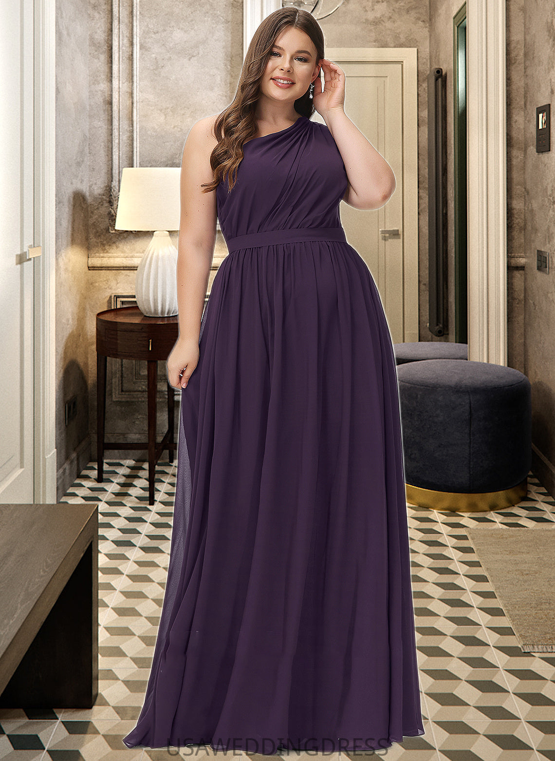 Paityn A-line One Shoulder Floor-Length Chiffon Bridesmaid Dress With Ruffle DSP0012803