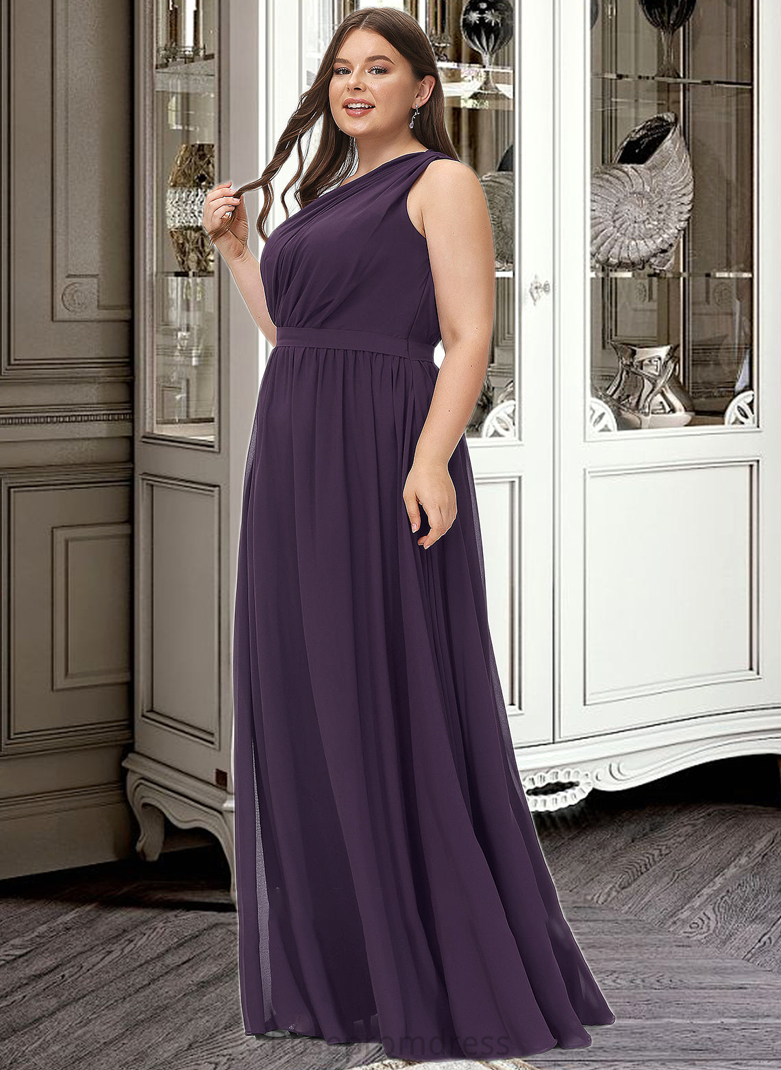 Lesly A-line One Shoulder Floor-Length Chiffon Bridesmaid Dress With Ruffle SRSP0012803