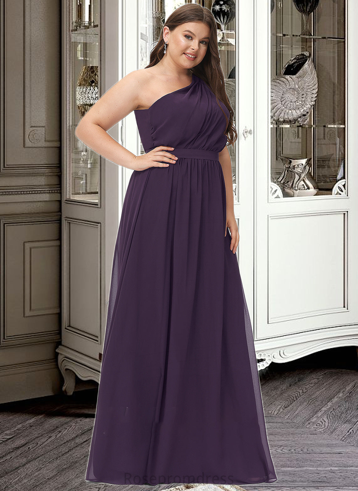 Lesly A-line One Shoulder Floor-Length Chiffon Bridesmaid Dress With Ruffle SRSP0012803