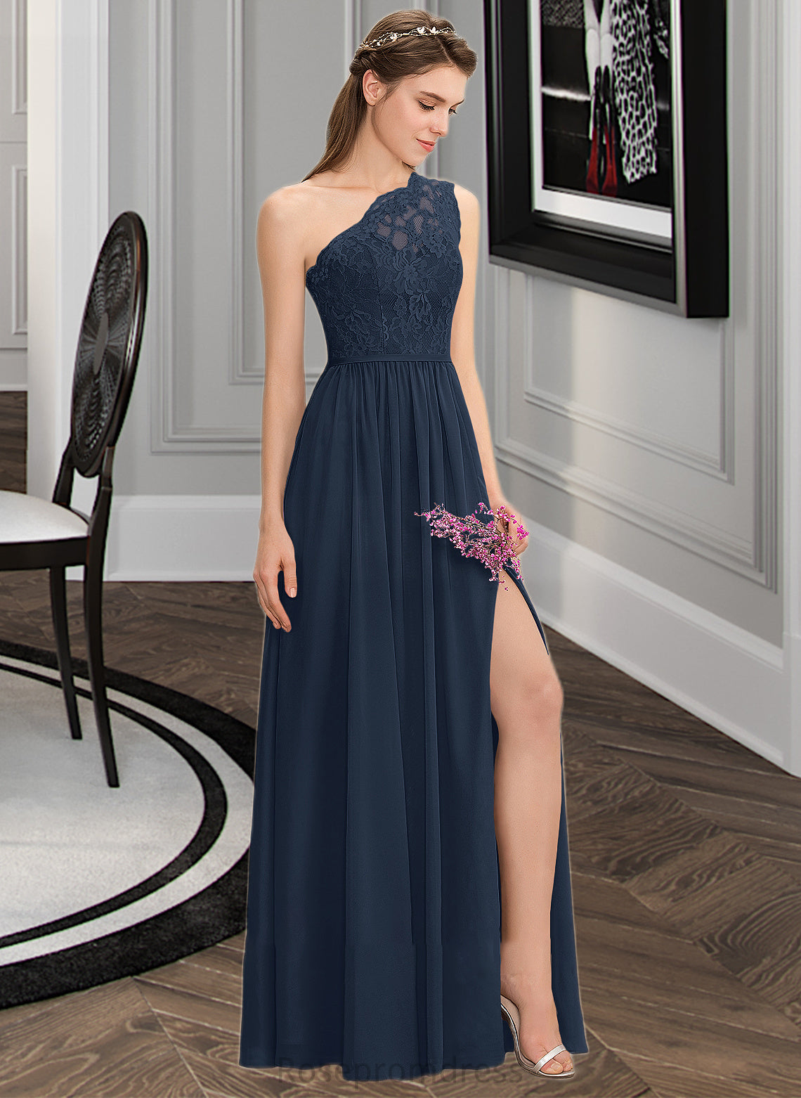 Dominique A-Line One-Shoulder Floor-Length Chiffon Lace Bridesmaid Dress With Split Front SRSP0012808