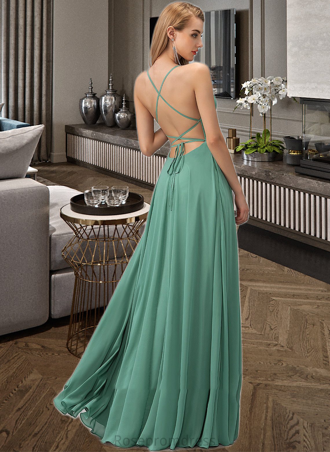Evelin A-Line Square Neckline Floor-Length Chiffon Bridesmaid Dress SRSP0012811