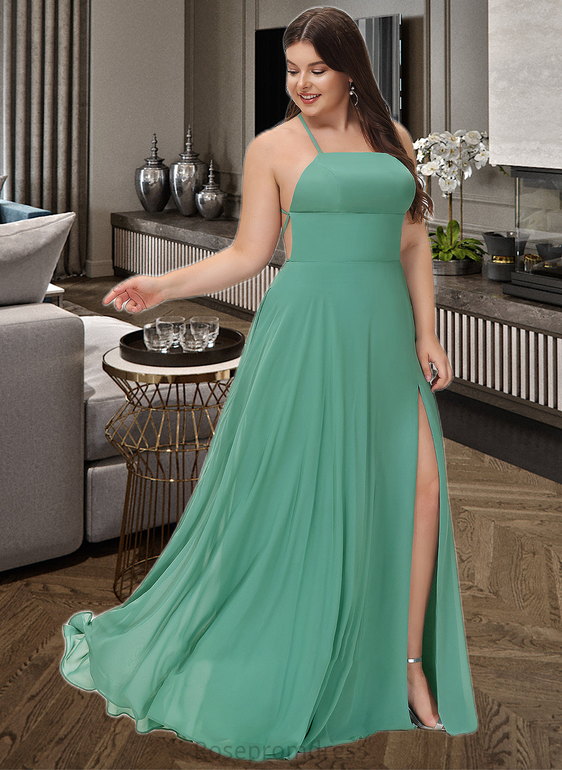 Evelin A-Line Square Neckline Floor-Length Chiffon Bridesmaid Dress SRSP0012811