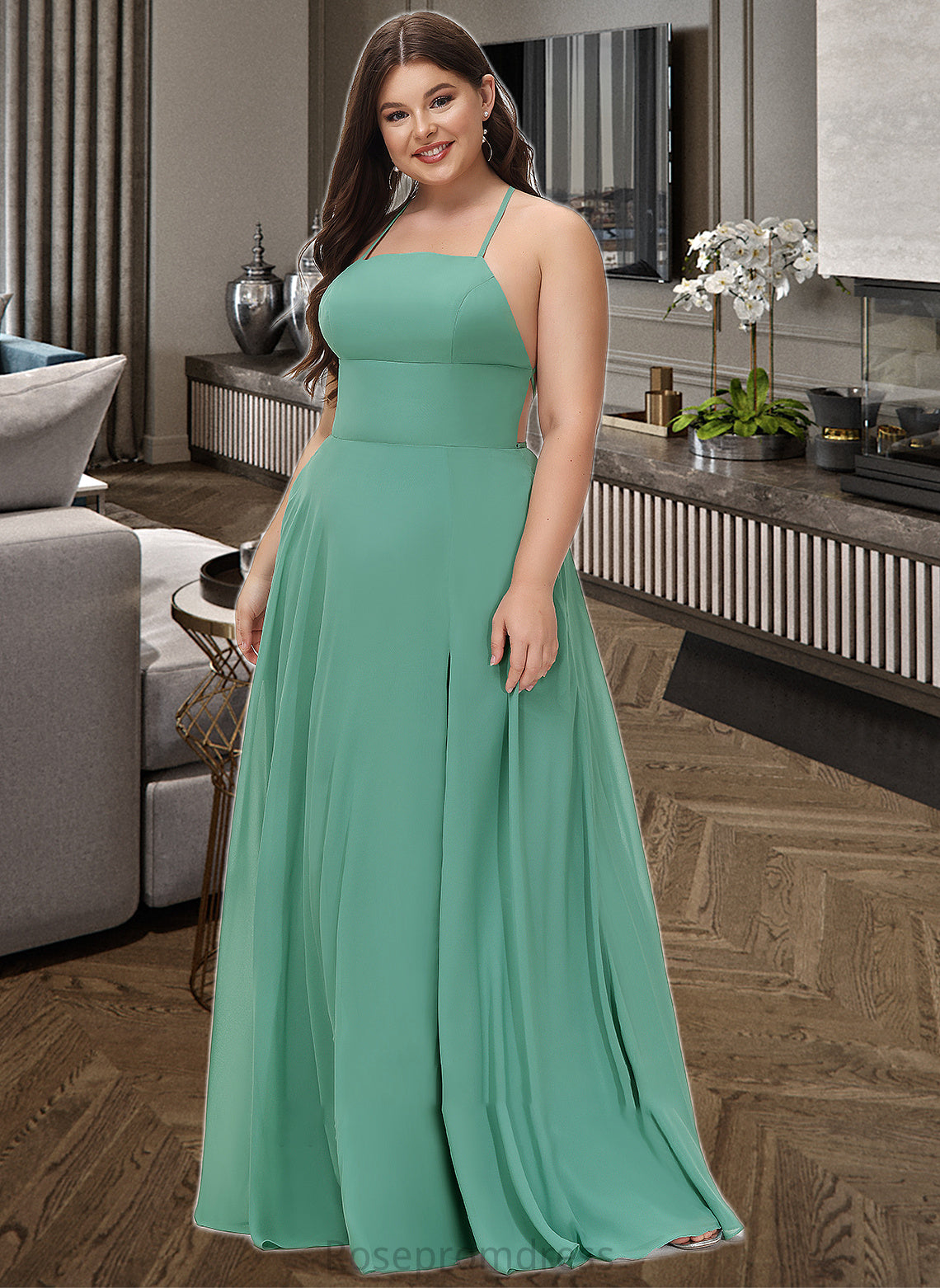 Evelin A-Line Square Neckline Floor-Length Chiffon Bridesmaid Dress SRSP0012811