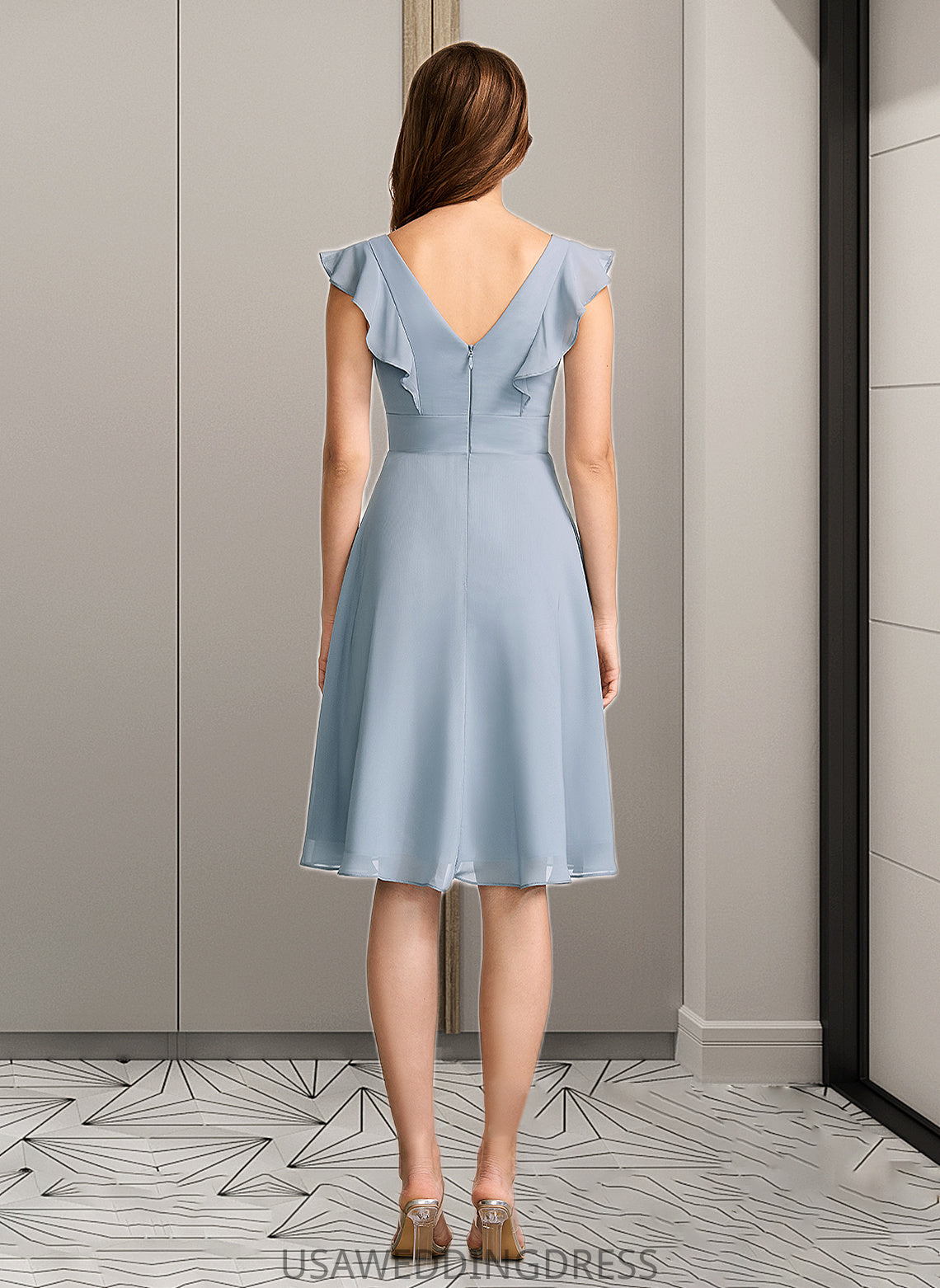 Mara A-Line V-neck Knee-Length Bridesmaid Dress With Ruffle DSP0012812