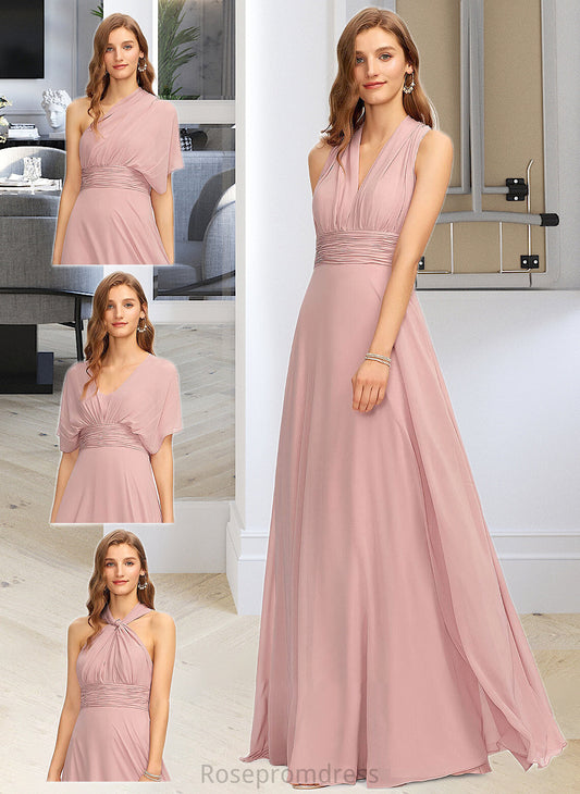 Aspen A-Line One-Shoulder Halter V-neck Floor-Length Chiffon Bridesmaid Dress With Ruffle SRSP0012813
