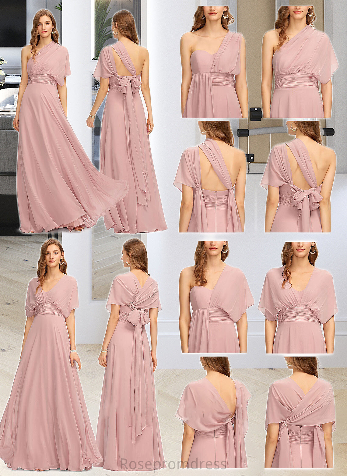 Aspen A-Line One-Shoulder Halter V-neck Floor-Length Chiffon Bridesmaid Dress With Ruffle SRSP0012813