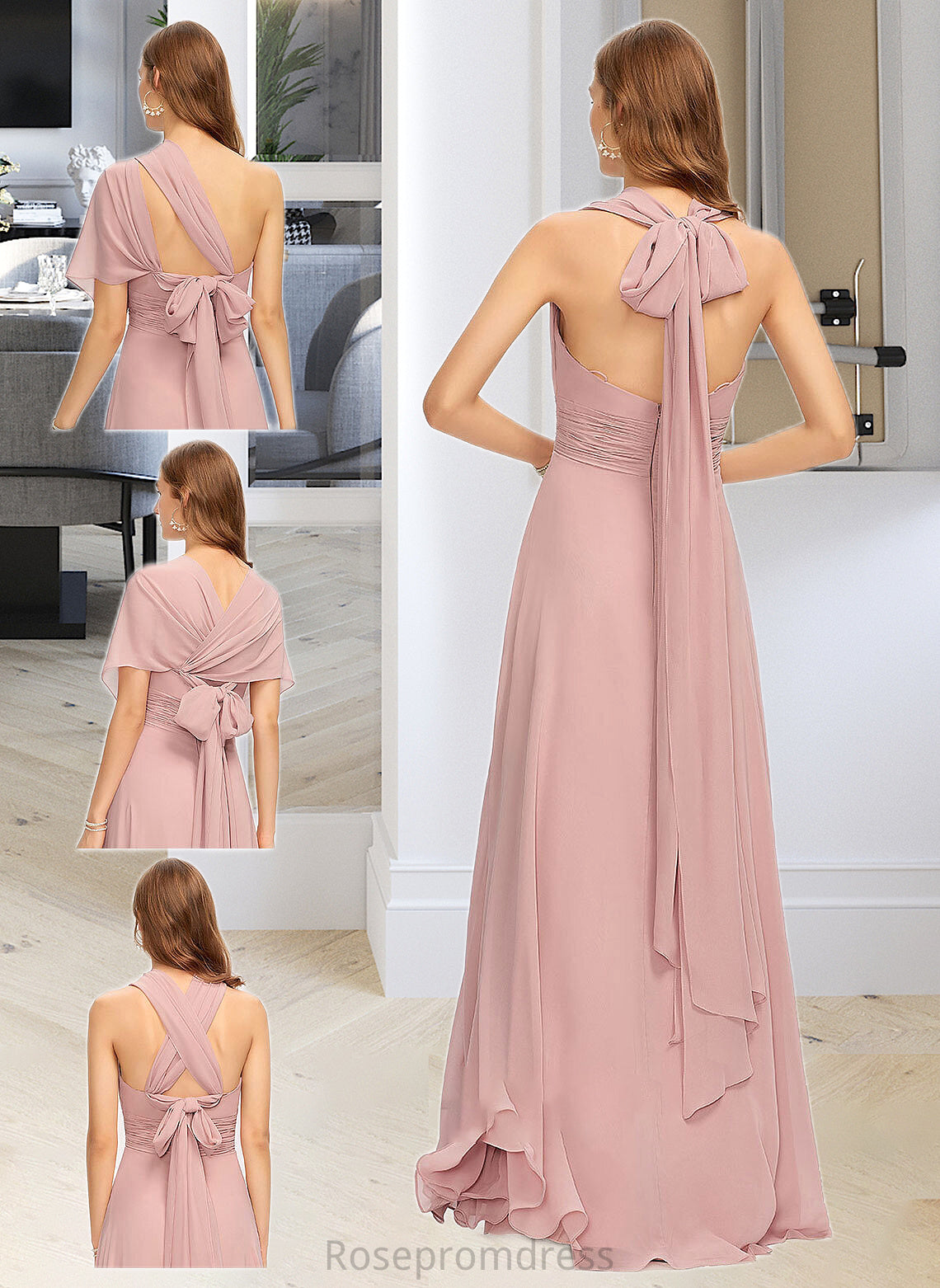 Aspen A-Line One-Shoulder Halter V-neck Floor-Length Chiffon Bridesmaid Dress With Ruffle SRSP0012813