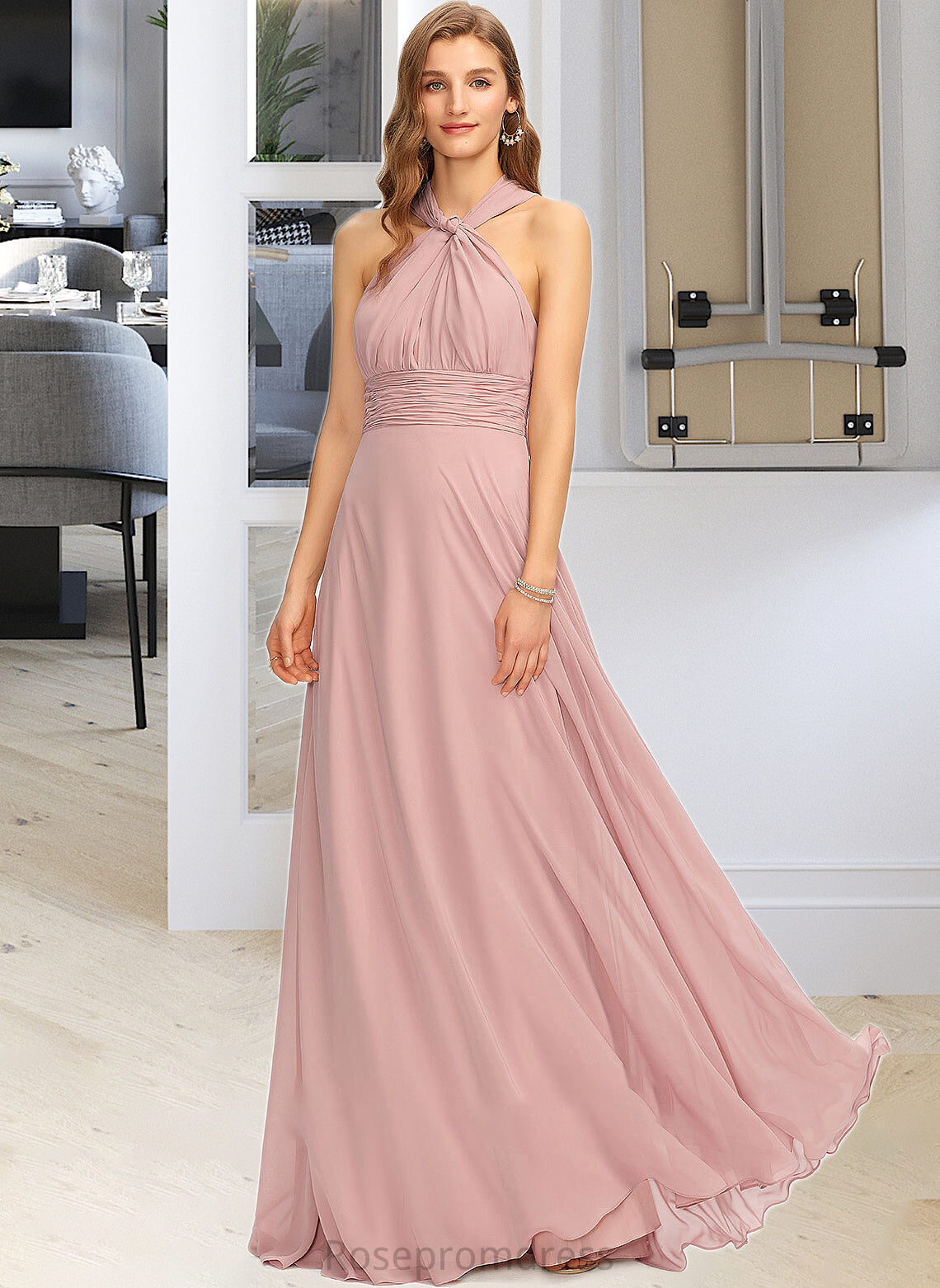 Aspen A-Line One-Shoulder Halter V-neck Floor-Length Chiffon Bridesmaid Dress With Ruffle SRSP0012813