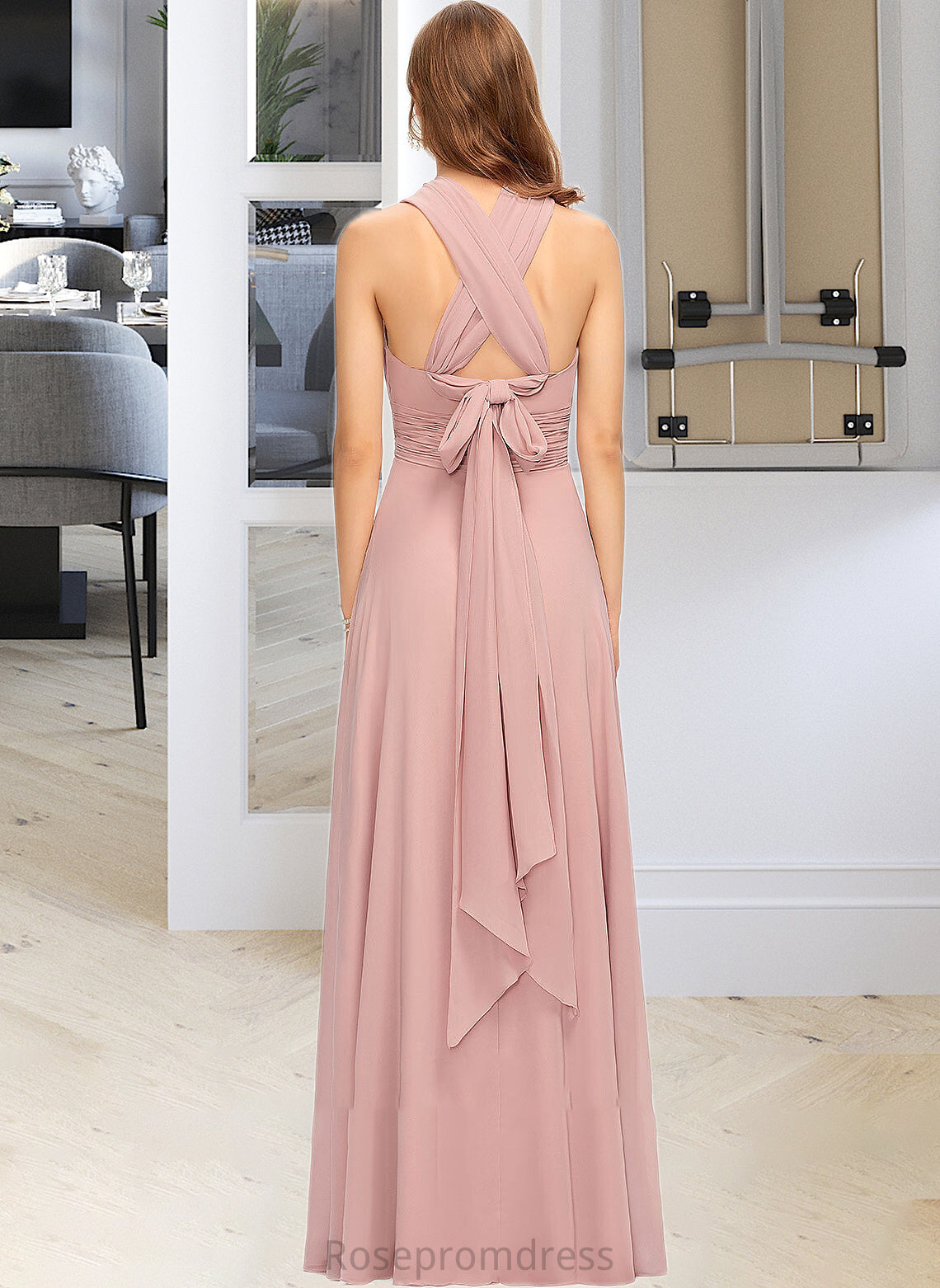 Aspen A-Line One-Shoulder Halter V-neck Floor-Length Chiffon Bridesmaid Dress With Ruffle SRSP0012813