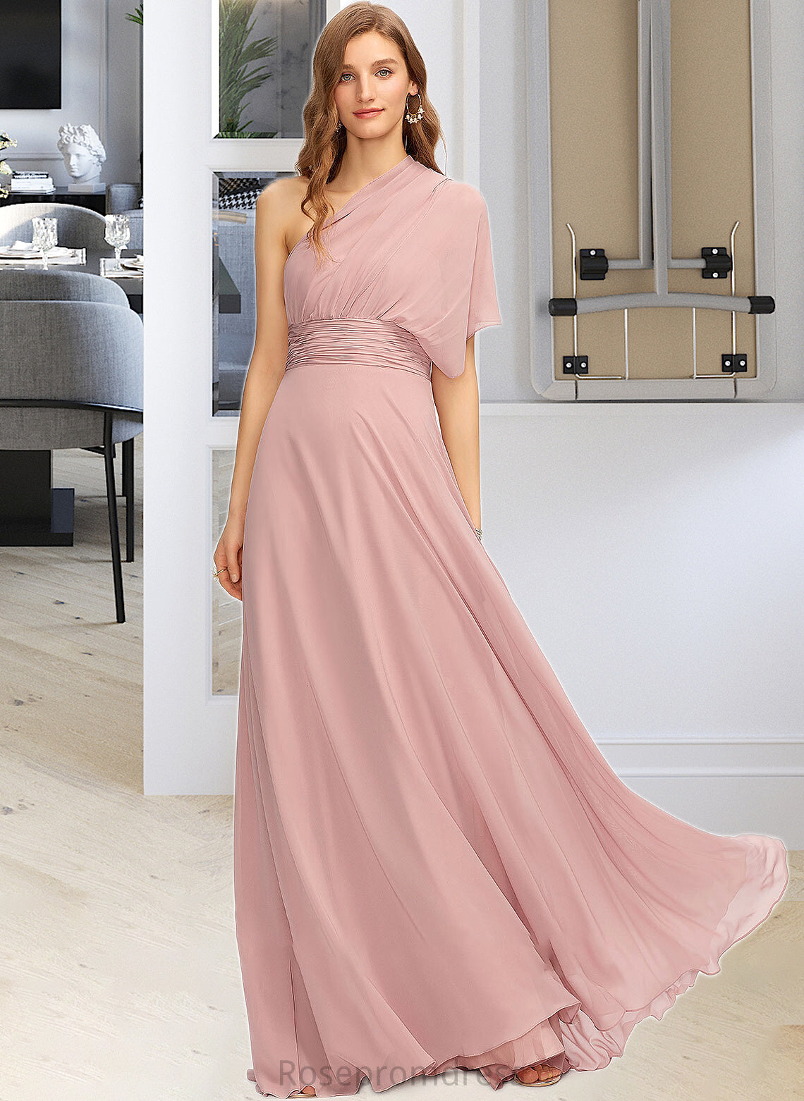 Aspen A-Line One-Shoulder Halter V-neck Floor-Length Chiffon Bridesmaid Dress With Ruffle SRSP0012813