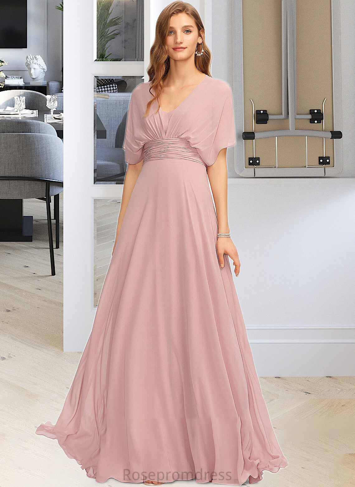 Aspen A-Line One-Shoulder Halter V-neck Floor-Length Chiffon Bridesmaid Dress With Ruffle SRSP0012813