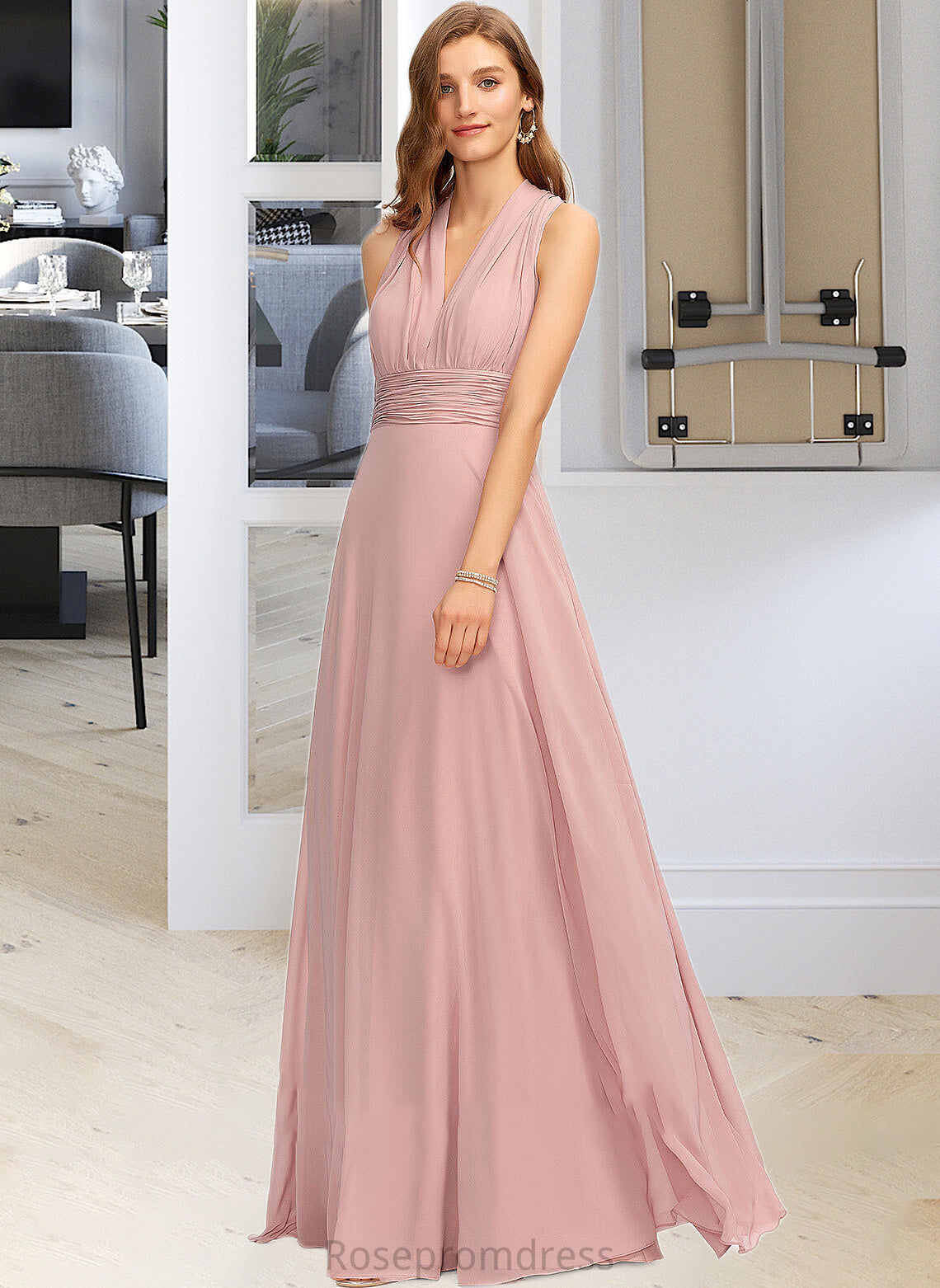 Aspen A-Line One-Shoulder Halter V-neck Floor-Length Chiffon Bridesmaid Dress With Ruffle SRSP0012813