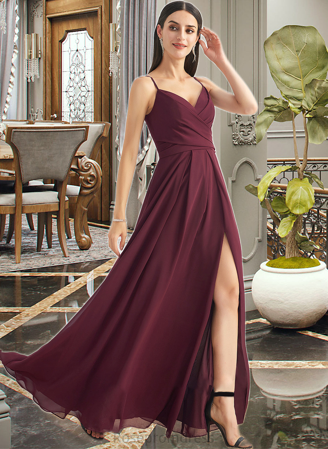 Xiomara A-Line V-neck Floor-Length Bridesmaid Dress With Ruffle Split Front SRSP0012815