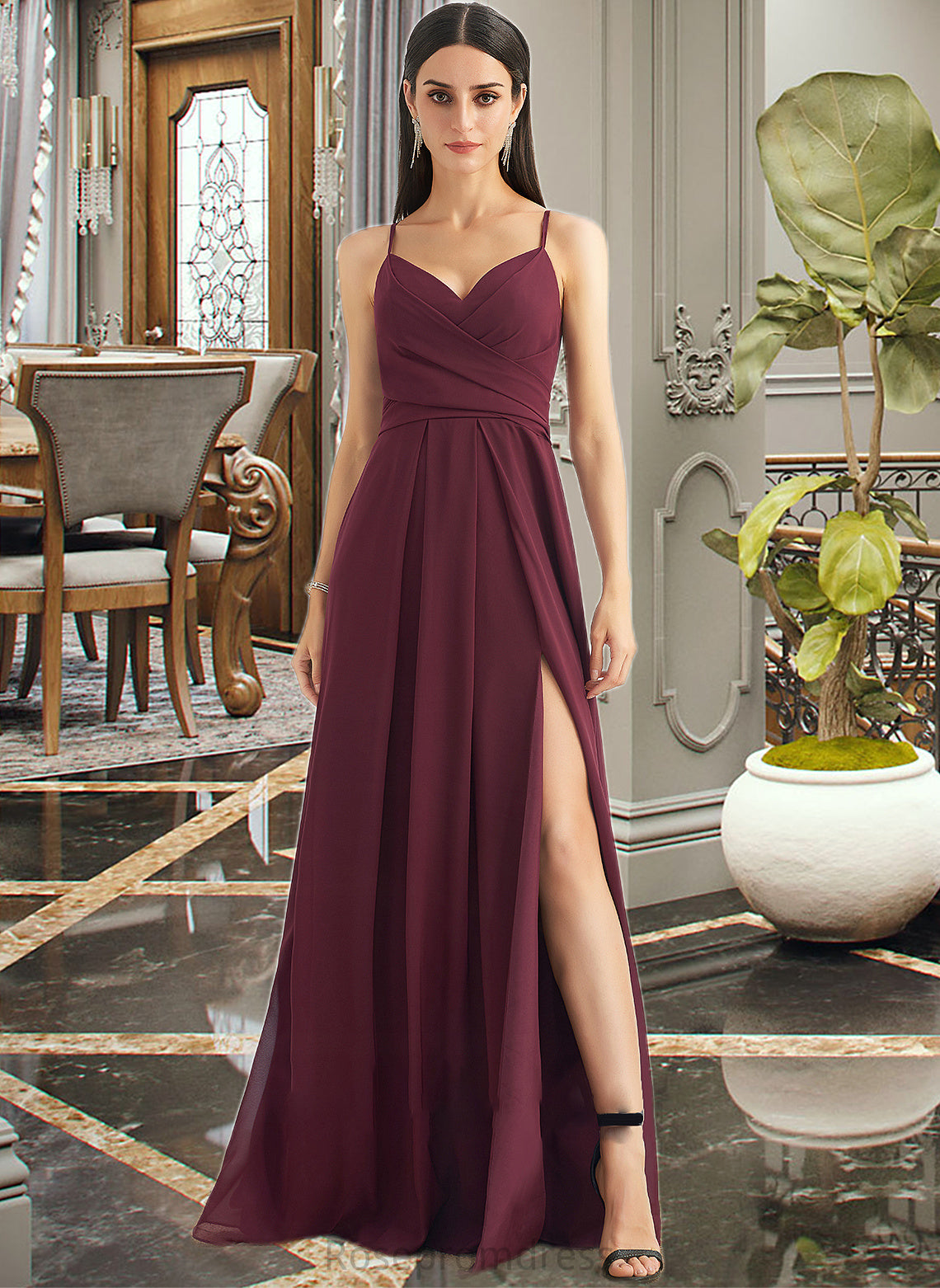 Xiomara A-Line V-neck Floor-Length Bridesmaid Dress With Ruffle Split Front SRSP0012815