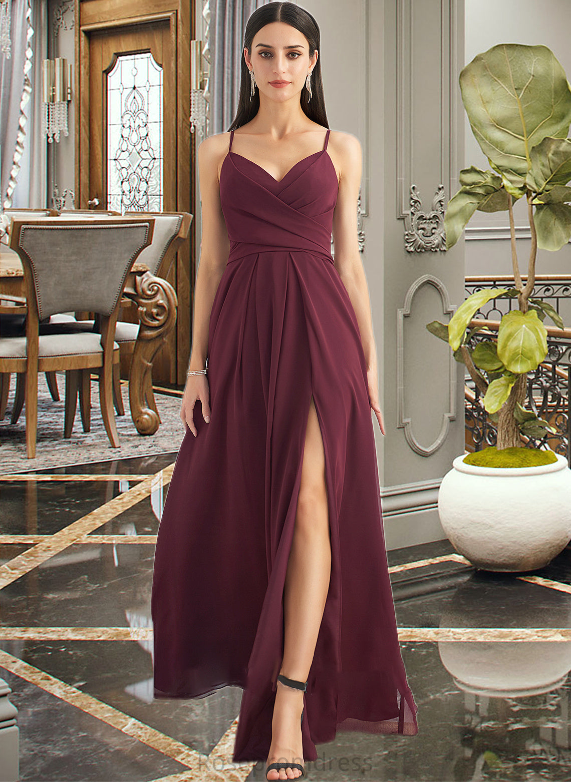Xiomara A-Line V-neck Floor-Length Bridesmaid Dress With Ruffle Split Front SRSP0012815