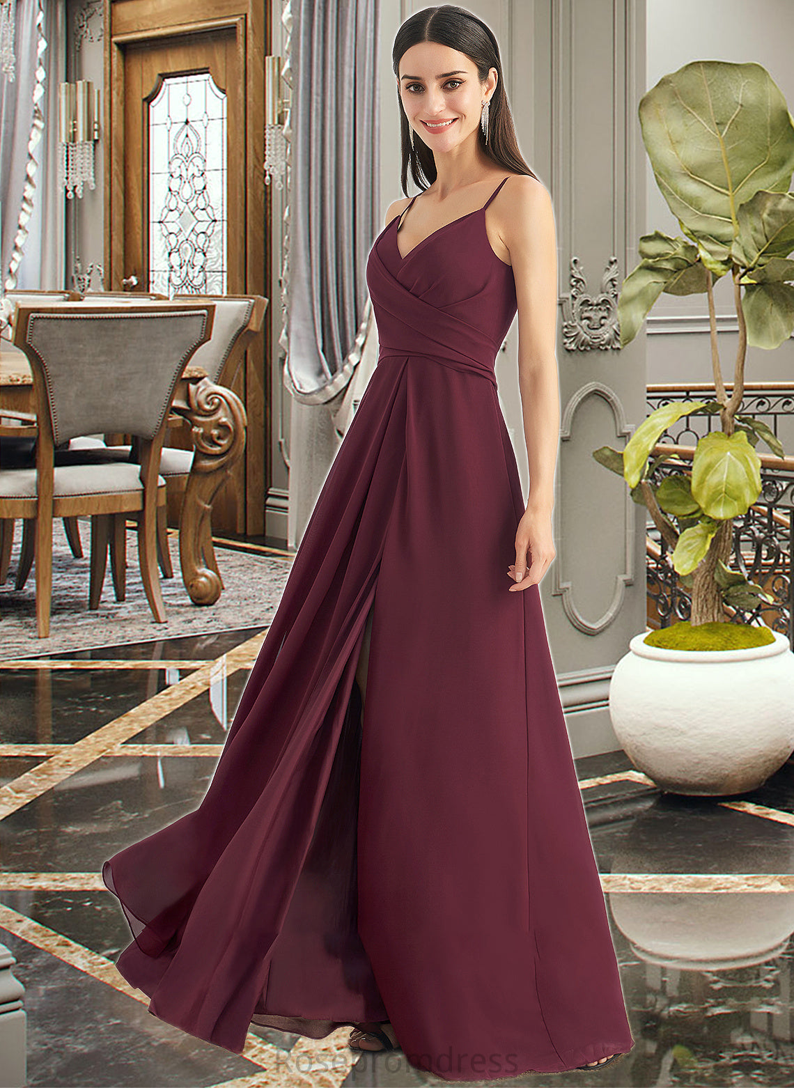 Xiomara A-Line V-neck Floor-Length Bridesmaid Dress With Ruffle Split Front SRSP0012815