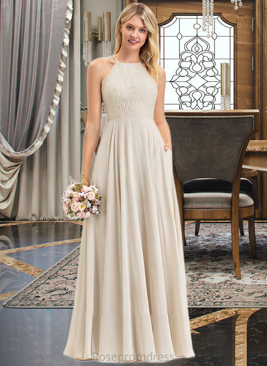Giuliana A-Line Scoop Neck Floor-Length Chiffon Lace Bridesmaid Dress With Pockets SRSP0012817