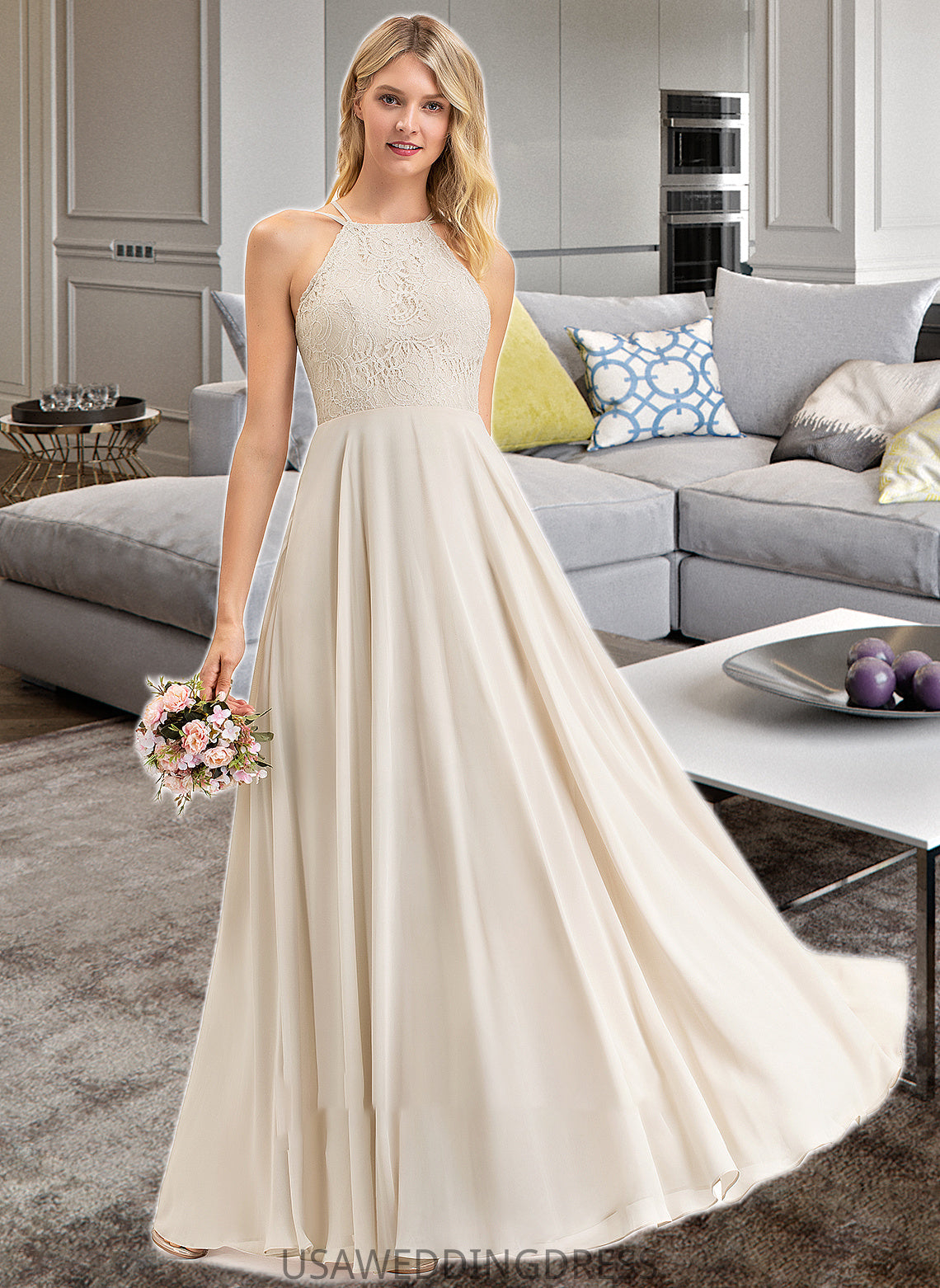 Fernanda A-Line Scoop Neck Floor-Length Chiffon Lace Bridesmaid Dress With Pockets DSP0012817