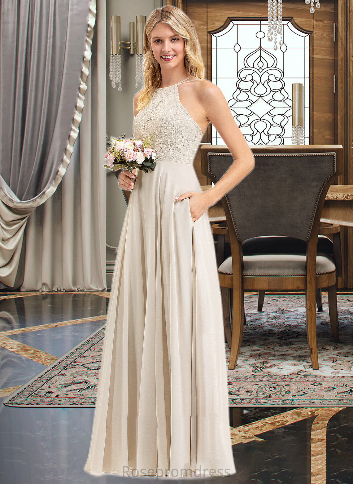 Giuliana A-Line Scoop Neck Floor-Length Chiffon Lace Bridesmaid Dress With Pockets SRSP0012817