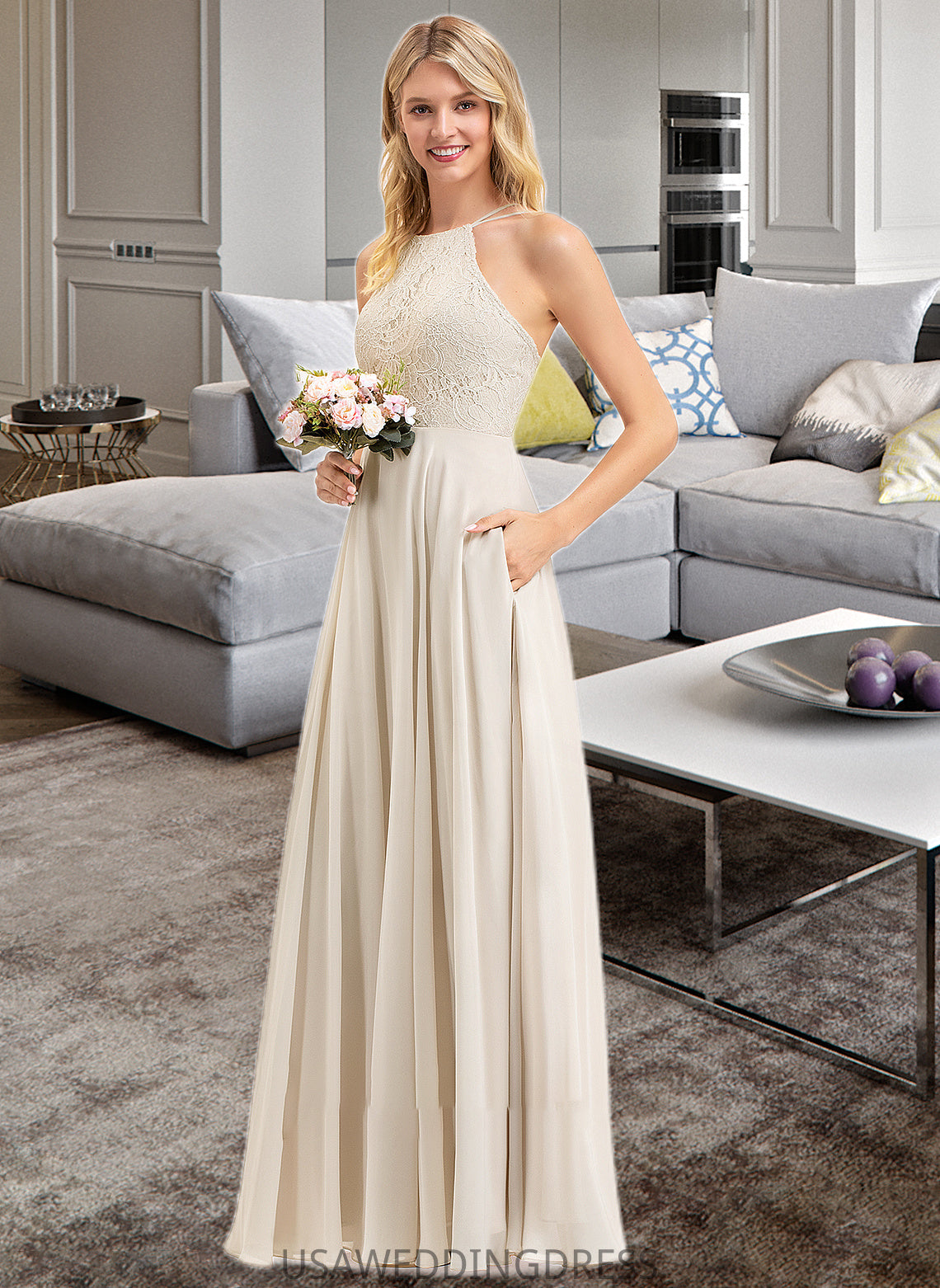 Fernanda A-Line Scoop Neck Floor-Length Chiffon Lace Bridesmaid Dress With Pockets DSP0012817