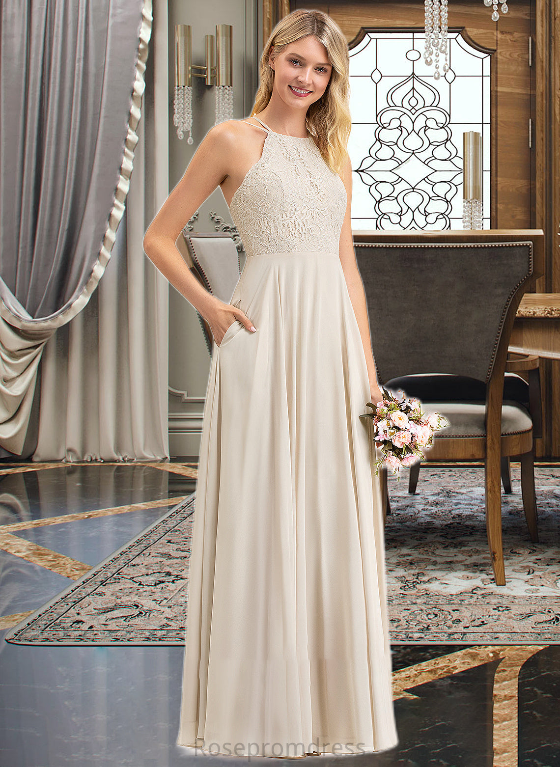Giuliana A-Line Scoop Neck Floor-Length Chiffon Lace Bridesmaid Dress With Pockets SRSP0012817