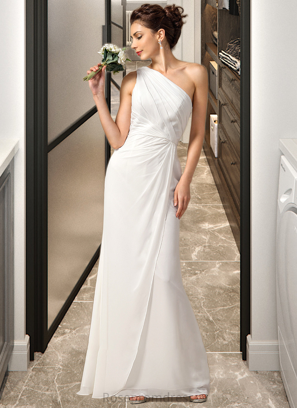 Janelle Sheath/Column One Shoulder Floor-Length Chiffon Bridesmaid Dress With Ruffle SRSP0012820