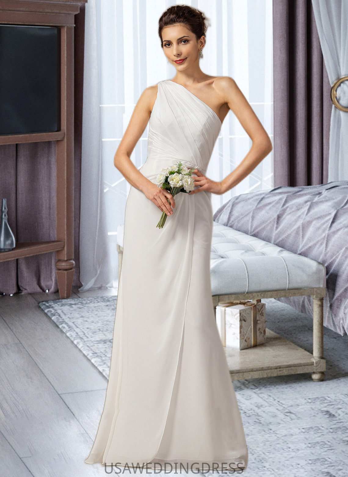 Karla Sheath/Column One Shoulder Floor-Length Chiffon Bridesmaid Dress With Ruffle DSP0012820