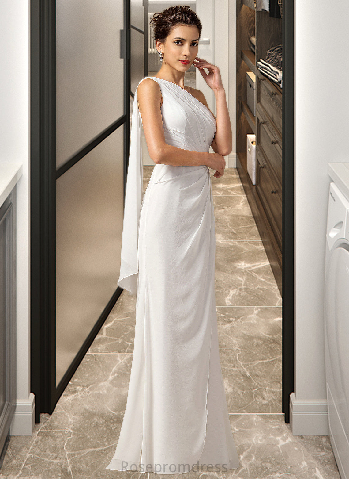 Janelle Sheath/Column One Shoulder Floor-Length Chiffon Bridesmaid Dress With Ruffle SRSP0012820
