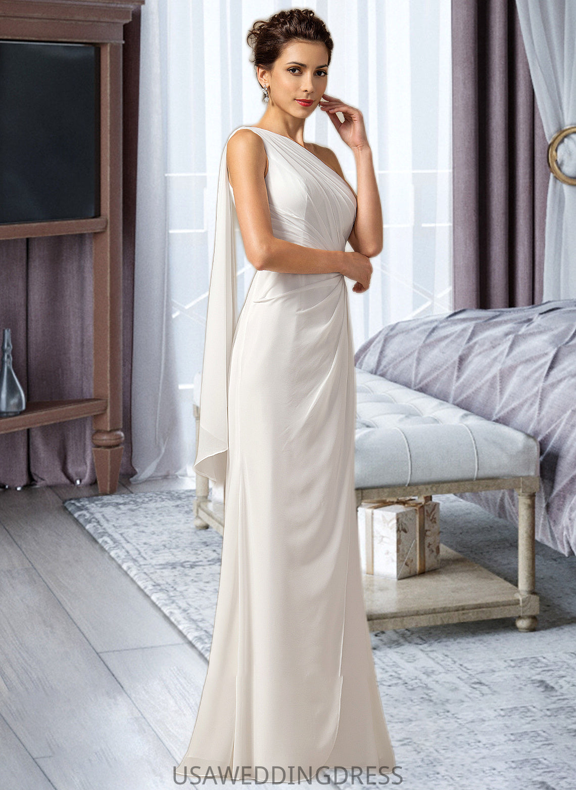 Karla Sheath/Column One Shoulder Floor-Length Chiffon Bridesmaid Dress With Ruffle DSP0012820